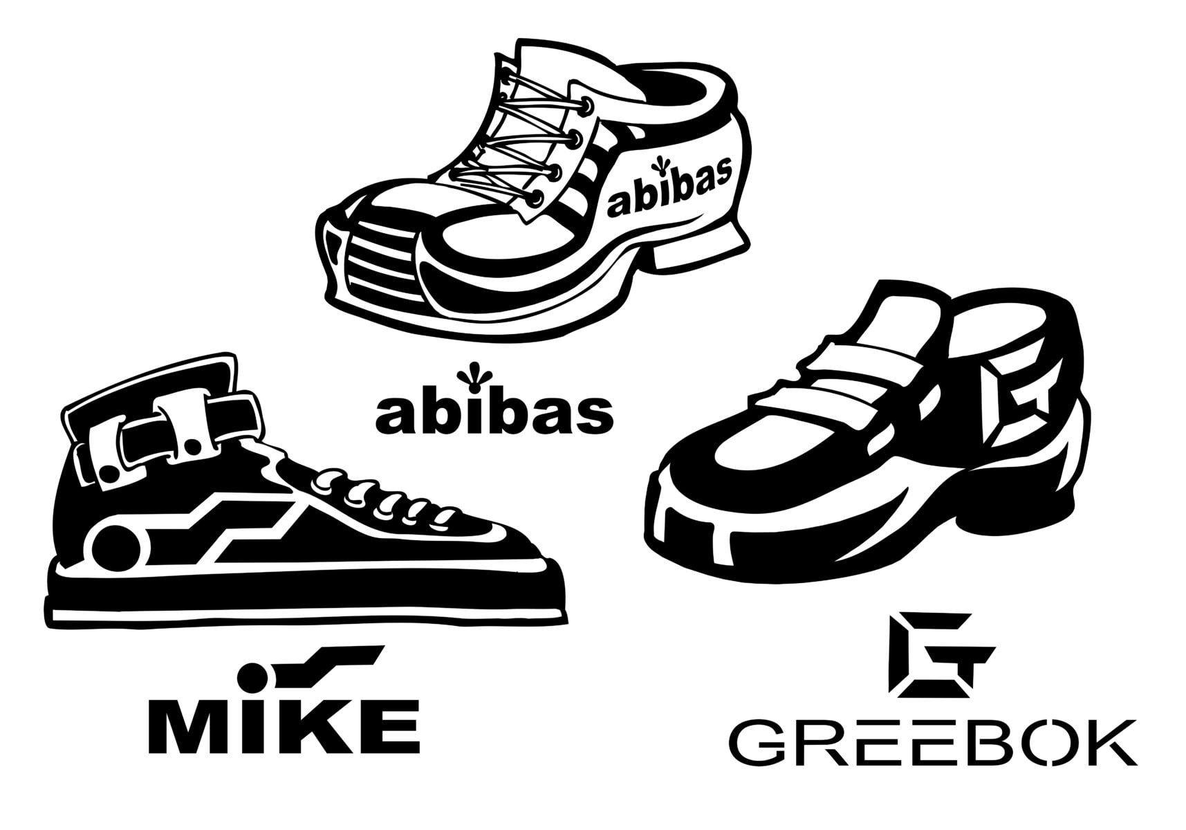 Illustration of the shoe brands - Abibas, Greebok, Mike - we will let you be the judge of if they are unlawfully similar.