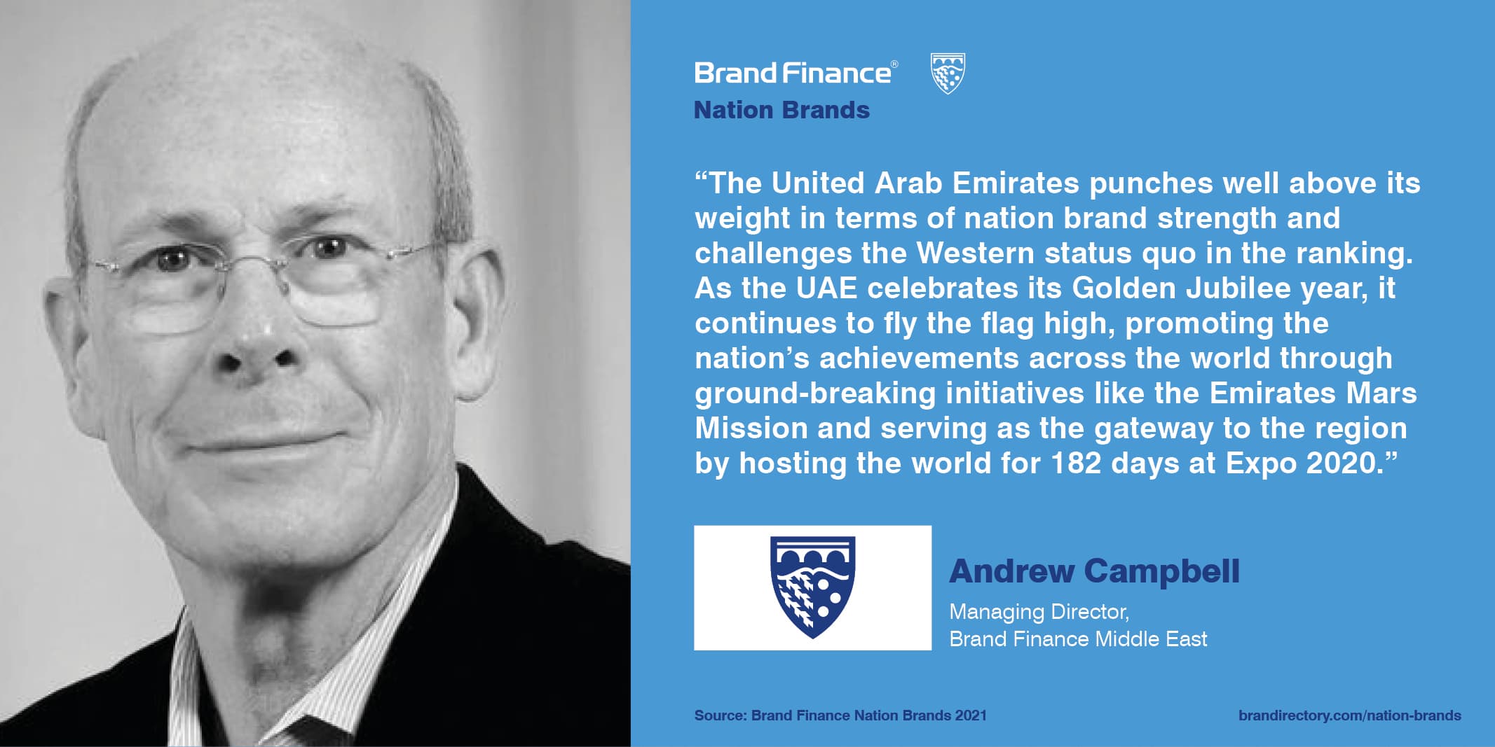 Andrew Campbell, Brand Finance quote about the United Arab Emirates and their nation brand streght. 